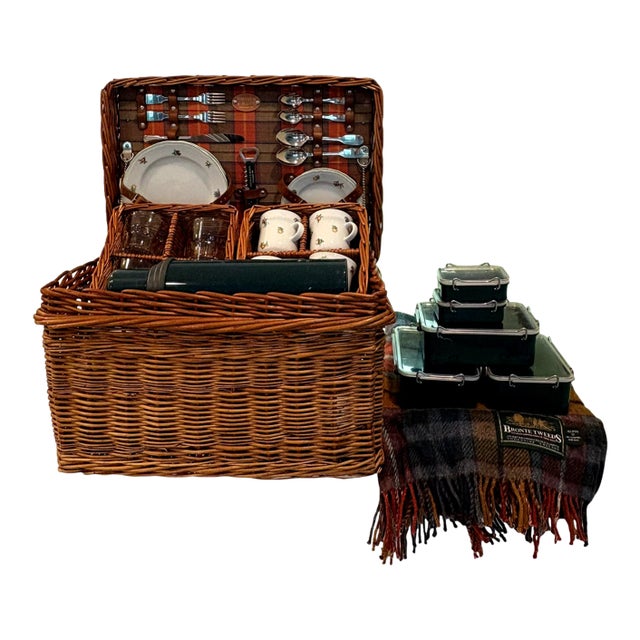 Vintage Fortnum & Mason Picnic Hamper Ginori Porcelain With Bronte Tweed Blanket – 41 Pieces For Sale