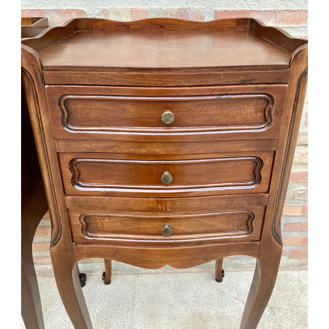 Brown French Walnut Nightstand with Drawers and Shelf, 1950s, Set of 2 For Sale - Image 8 of 16