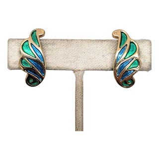Vintage 1960s Signed Napier Green & Blue Enamel Feather Clip Earrings-2 Pieces For Sale
