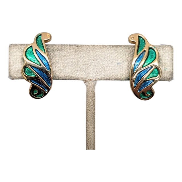 Vintage 1960s Signed Napier Green & Blue Enamel Feather Clip Earrings-2 Pieces For Sale