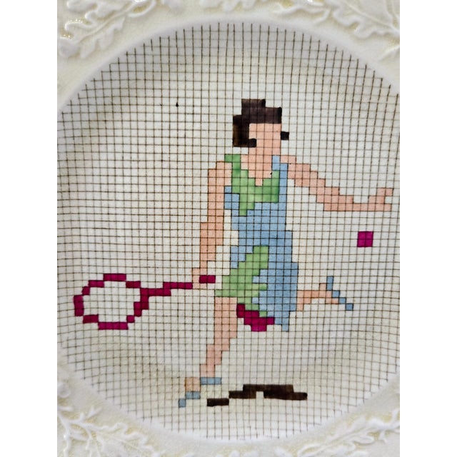 English Mason’s Ironstone Sampler Needlepoint Sporting Plates With Embossed Floral Borders, Set of 6, Circa 1930 For Sale In Dallas - Image 6 of 18