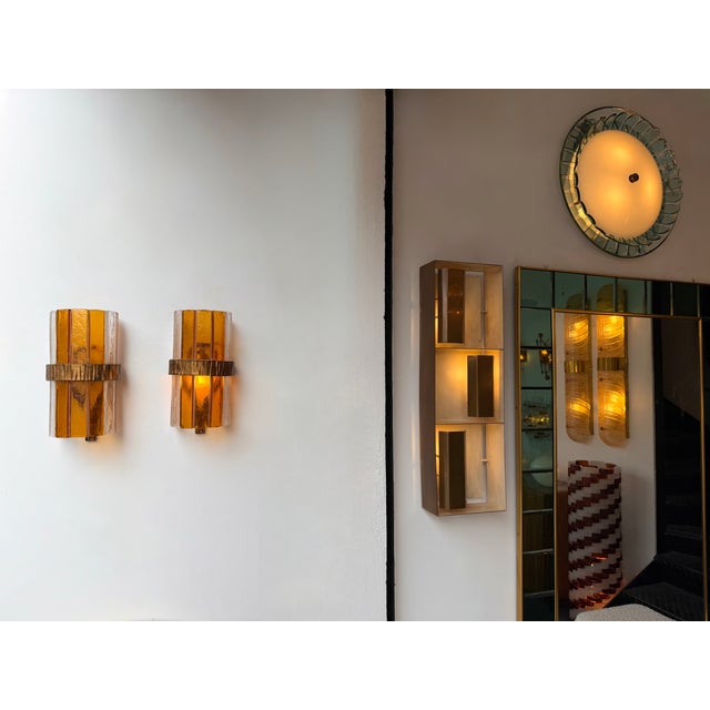 1970s Amber Glass Hammered Wrought Iron Sconces by Longobard - a Pair For Sale - Image 6 of 11