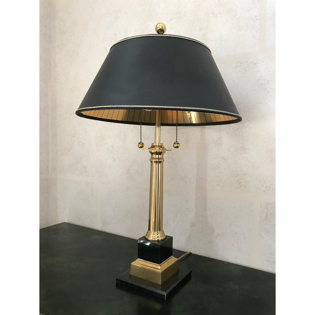 Stiffel Polished Brass and Black Marble Column Candlestick Lamp With Shade Chairish