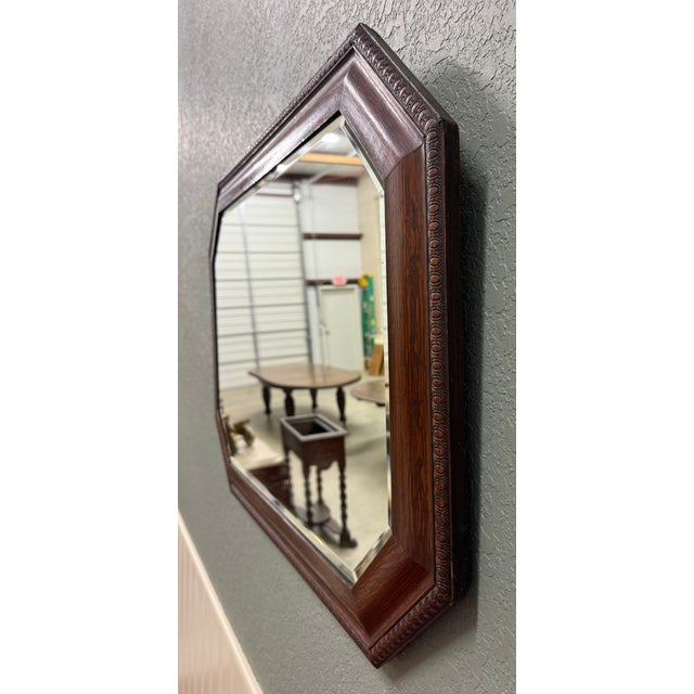 Antique English Jacobean Mirror Framed Beveled Octagonal Oak c.1930s For Sale - Image 14 of 18