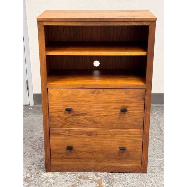 Design Plus Gallery presents a Room & Board Woodwind Double File Drawer Bookcase. This walnut bookcase has two open upper...