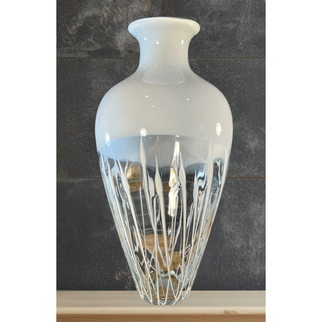 19 In. Tall Milk &Clear Glass Textural White Amphora Art Glass Vase For Sale - Image 9 of 16