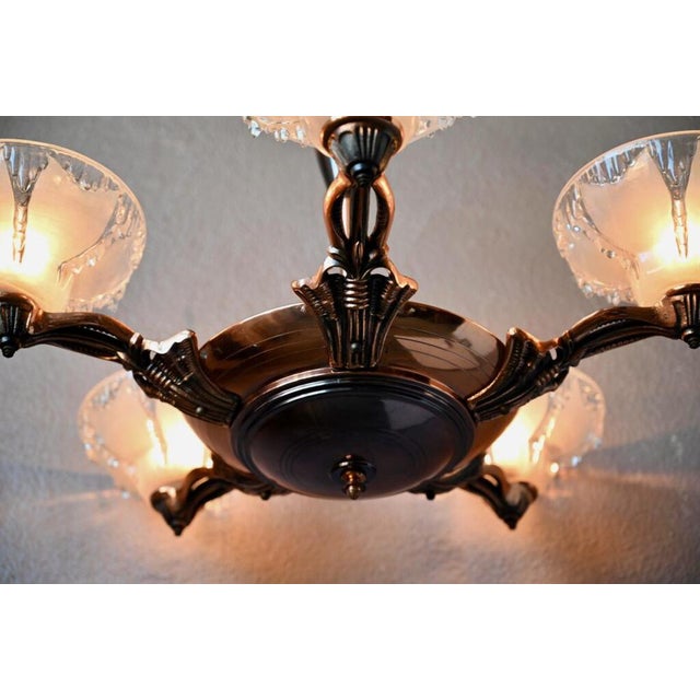 Large Art Deco Chandelier in Gilded Metal and Sandblasted Glass Ezan, France, 1930s For Sale - Image 18 of 18
