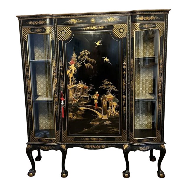 Large Antique Edwardian Chinoiserie Decorated Display Cabinet, 1900s For Sale