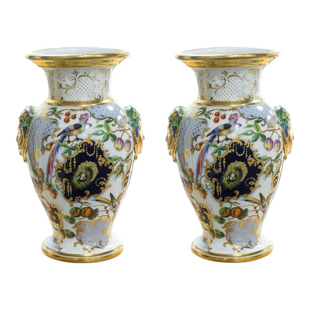 Pair of Antique 19th Century Hand Painted Floral White Porcelain Vases For Sale