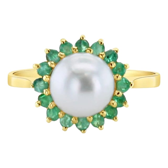 Pearl & Emerald Halo Ring 14k Yellow Gold, Size 3.5 For Sale