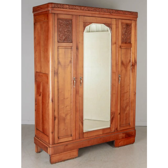Art Deco 1920s Art Deco Carved Floral Armoire French Cherrywood With Mirror & Matching Marble-Topped Nightstand - Set of 2 For Sale - Image 3 of 9