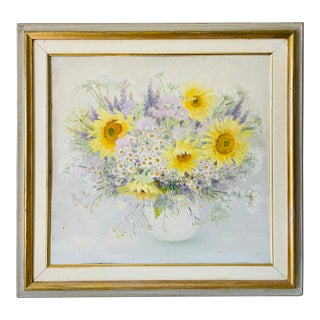 20 Th C Original Oil on Biard Sunflower Painting For Sale