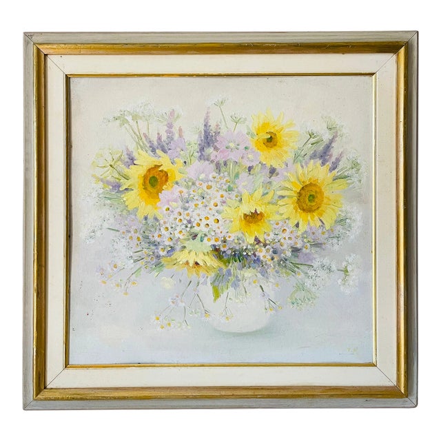 20 Th C Original Oil on Biard Sunflower Painting For Sale
