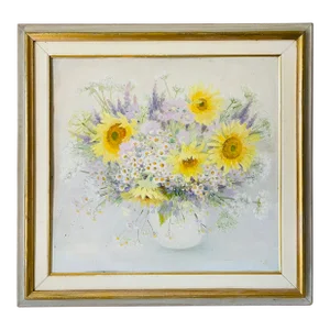 20 Th C Original Oil on Board Sunflower Painting