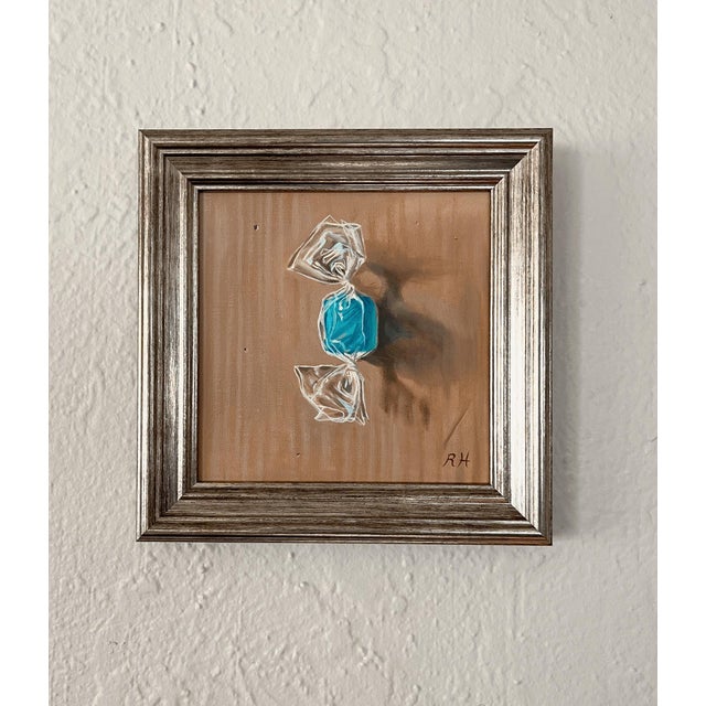 Candied Azure by Robin Hextrum | Oil On Linen Panel Still Life of a Blue Candy Wrapper For Sale - Image 4 of 5