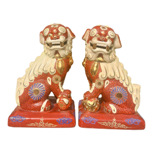 Pair of Vintage Japanese Kutani Porcelain Foo Dog Statues