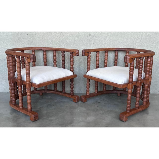 Early 20th Century Pair of Spanish Slatted Barrel Back Hand Carved Chairs For Sale - Image 17 of 18