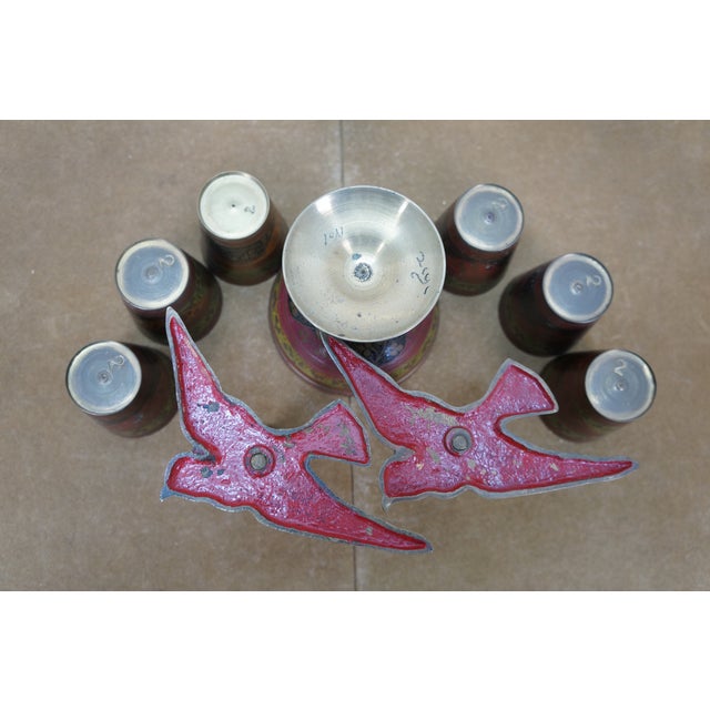 Mid 20th Century Indian Etched Brass Peacock Bird Bar Tray, Cups, Tophy Urn & Candlesticks Set- 10 Pieces For Sale - Image 14 of 14