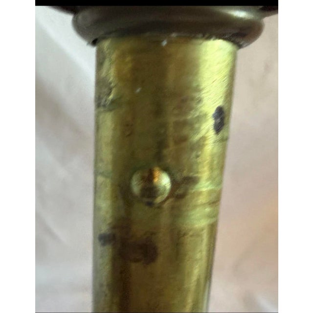 Metal 1930 Antique 5 Piece Brass Candlestick Holders With Colorful Glass Shades & Cast Iron Bases. For Sale - Image 7 of 9