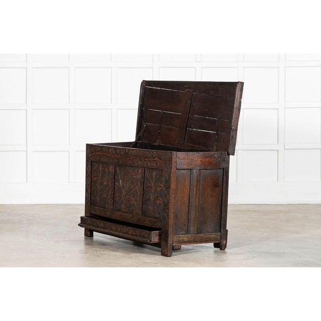 English Carved Oak Mule Chest, 1680 For Sale - Image 6 of 16