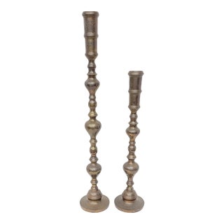 Vintage Moroccan-Style Brass Floor Candle Holders - Set of 2 For Sale
