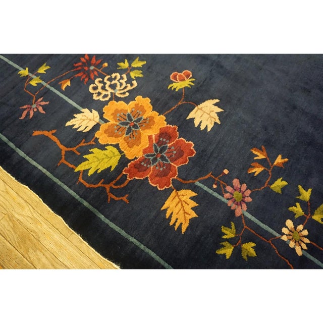 Textile 1920s Navy Field Floral Antique Chinese Art Deco Carpet 9' X 11'4" Knotted Rug For Sale - Image 7 of 9