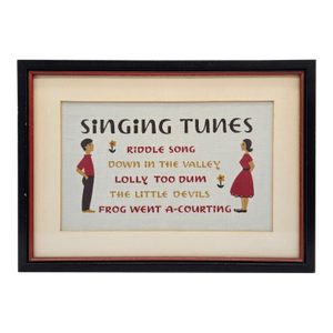 Folk Song Sampler ‘Singing Tunes’ – Set of 6 Framed Needlepoints, Attributed to Paragon Needlecraft