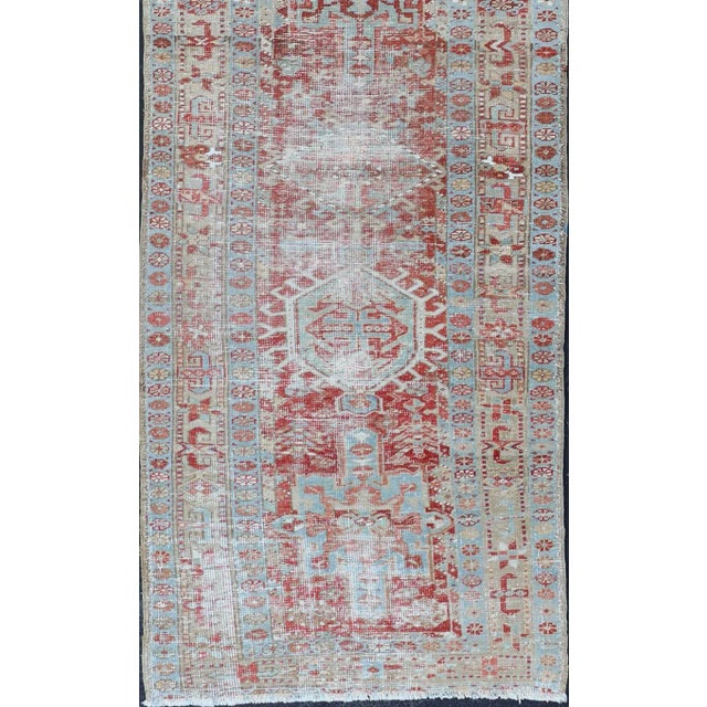 Measures: 2'10 x 10'1. Antique Persian Heriz Runner with Geometric Design in Soft Red and Sky Blue. Keivan Woven Arts /...