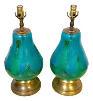 Turquoise Oceanic Murano Glass & Brass Table Lamps, Italy, Circa 1960s - a Pair