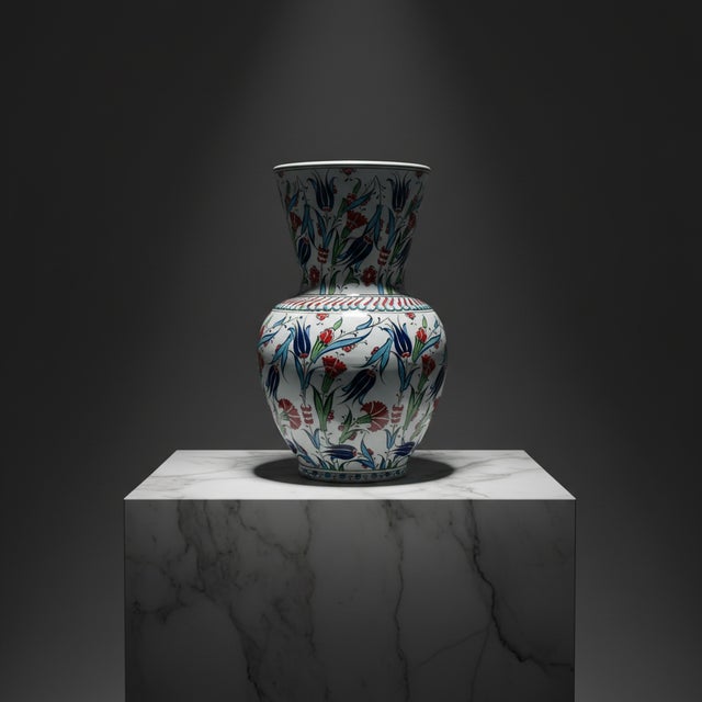 Handmade Ceramic Vase (30cm) Traditional Turkish Carnation & Tulip Pattern – Classic Flared Neck Decor For Sale - Image 6 of 6