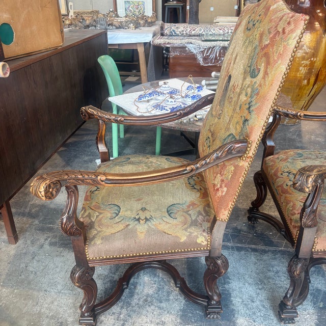 Antique Walnut Armchairs Upholstered with Aubusson, France, 1700, Set of 2 For Sale - Image 16 of 18