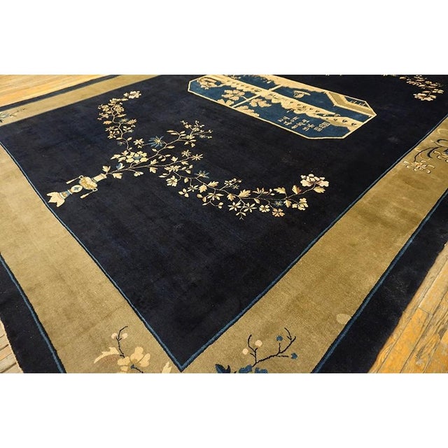 1920s Navy Blue Antique Chinese Painterly Peking Knotted Large Oversized Big Rug For Sale - Image 9 of 10