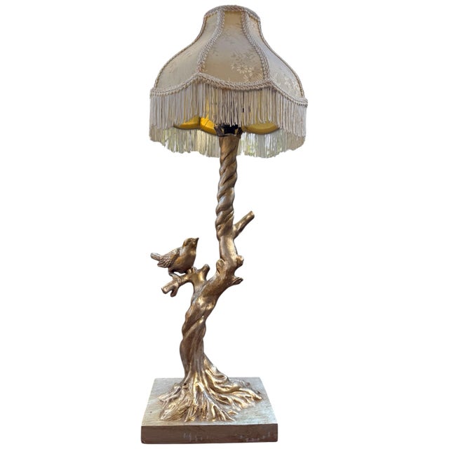 Hollywood Regency Bird on Tree Trunk Table Lamp With Fringed Scalloped Shade | Hollywood Regency For Sale - Image 3 of 9