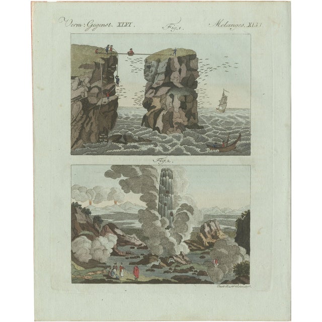 Bertuch, Iceland Geyser, Hekla and Orkney Bird Catchers, 1802, Engraving For Sale