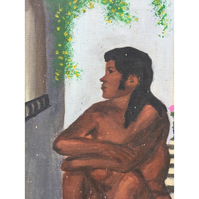 This is a 1970s nude portrait of a Mexican woman sitting on stairs. The painting is set in a gold wood frame. Vivid colors...