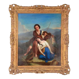Late 19th Century Figurative Framed Oil Painting of a Woman and Man Playing the Violin