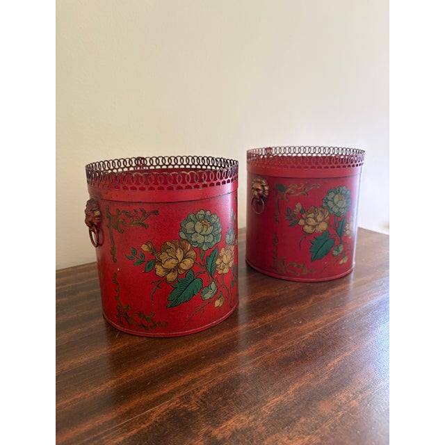 French Country Pair of Antique French Neoclassical Red & Gold Tole Cachepot With Lion Heads For Sale - Image 3 of 10