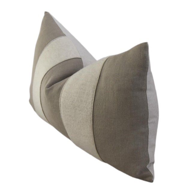 French Taupe and Cream Appliqué Stripes Wool & Linen Feather/Down Pillow For Sale - Image 4 of 6
