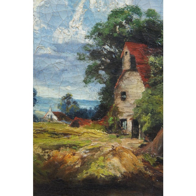 Green Antique European Fisherman River Cottage Oil Landscape on Canvas by Charles Martin For Sale - Image 8 of 13
