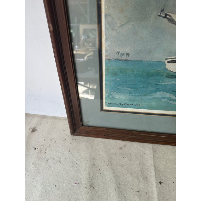 Nautical 1970s Signed and Framed Seascape Painting of Boat For Sale - Image 3 of 10