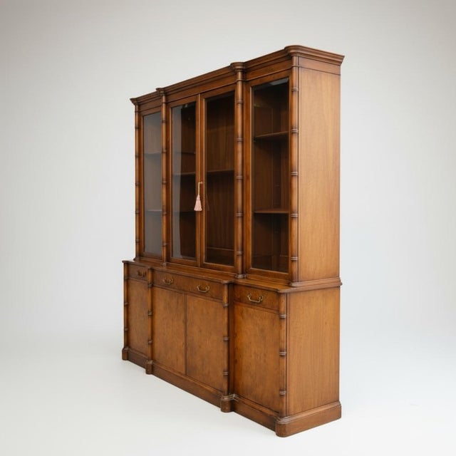 Monumental Style Burl Wood Fsux Bamboo China Library Cabinet or Hutch Bookshelf For Sale - Image 4 of 6