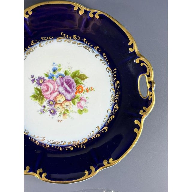 French Cobalt Blue Plates with Flowers from Limoges, 1950s, Set of 2 For Sale - Image 4 of 11