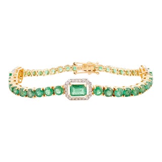 VRJewels Statement 6.13ct Emerald Diamond Wedding Bracelet in 14k Gold For Sale