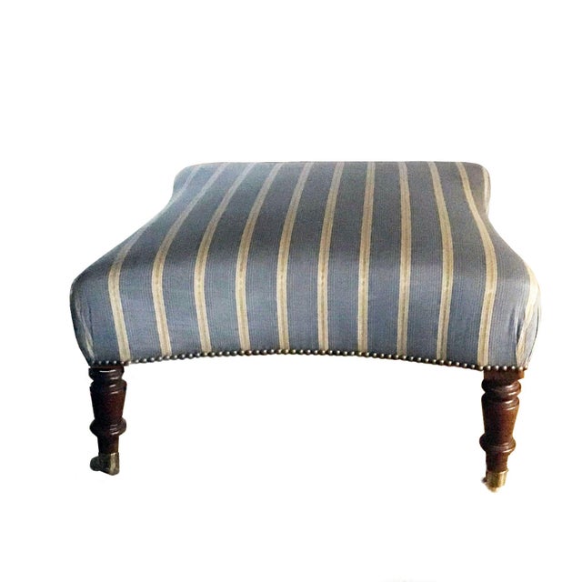 Vintage French Napoleon III Curved Back Armchair With Matching Ottoman Covered With Osborne & Little Mid Blue & Yellow Striped Silk Moiré. For Sale - Image 11 of 13