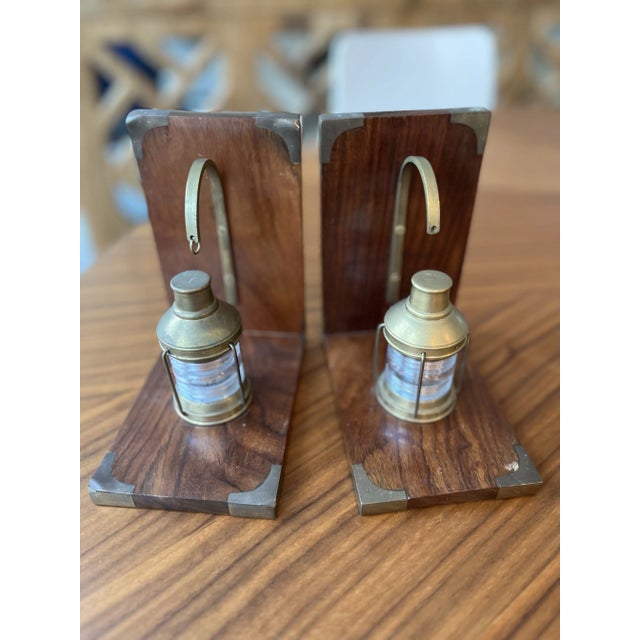 1960s Teak Wood and Brass Nautical Lantern Bookends-A Pair For Sale - Image 10 of 10
