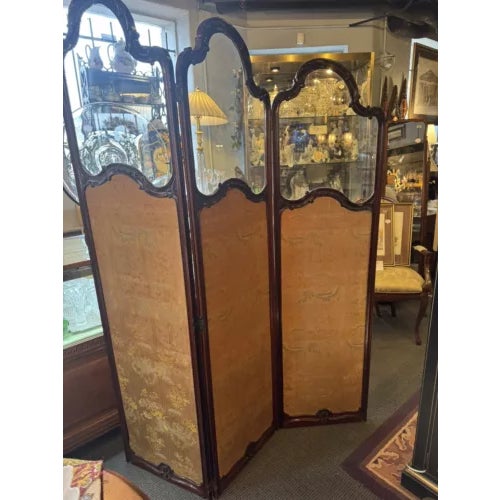 Wood Antique Art Nouveau French Style Three Panel Dressing Screen With 3 Glass Panels For Sale - Image 7 of 11