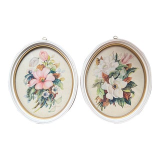 1940s Pair of Oval Vintage Framed Floral Prints by Georgia B Caldwell For Sale