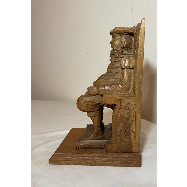 Brown Antique Hand Carved Seated Figural Seated Man Wood Sculpture Statue Folk Art For Sale - Image 8 of 10