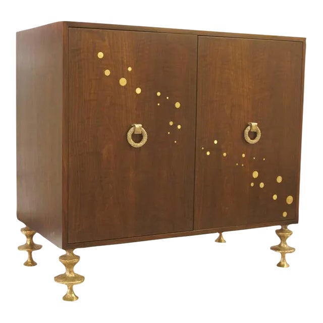 Walnut and Bronze Bar Cabinet With Hand-sculpted Bronze Handles and Legs For Sale
