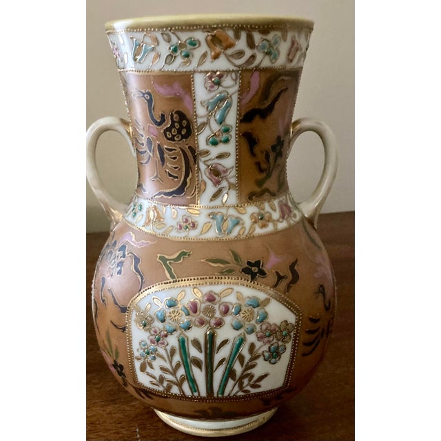 Japanese Antique Hand Painted Satsuma Ware Porcelain Moriage Vase Gold Gilding 1891-1921 For Sale - Image 3 of 9